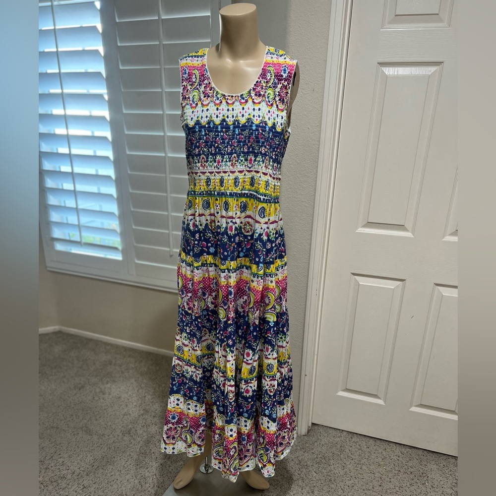 Colorful Floral Fairy‎ Boho Smocked Cotton Maxi Smocked Sleeveless Dress Medium